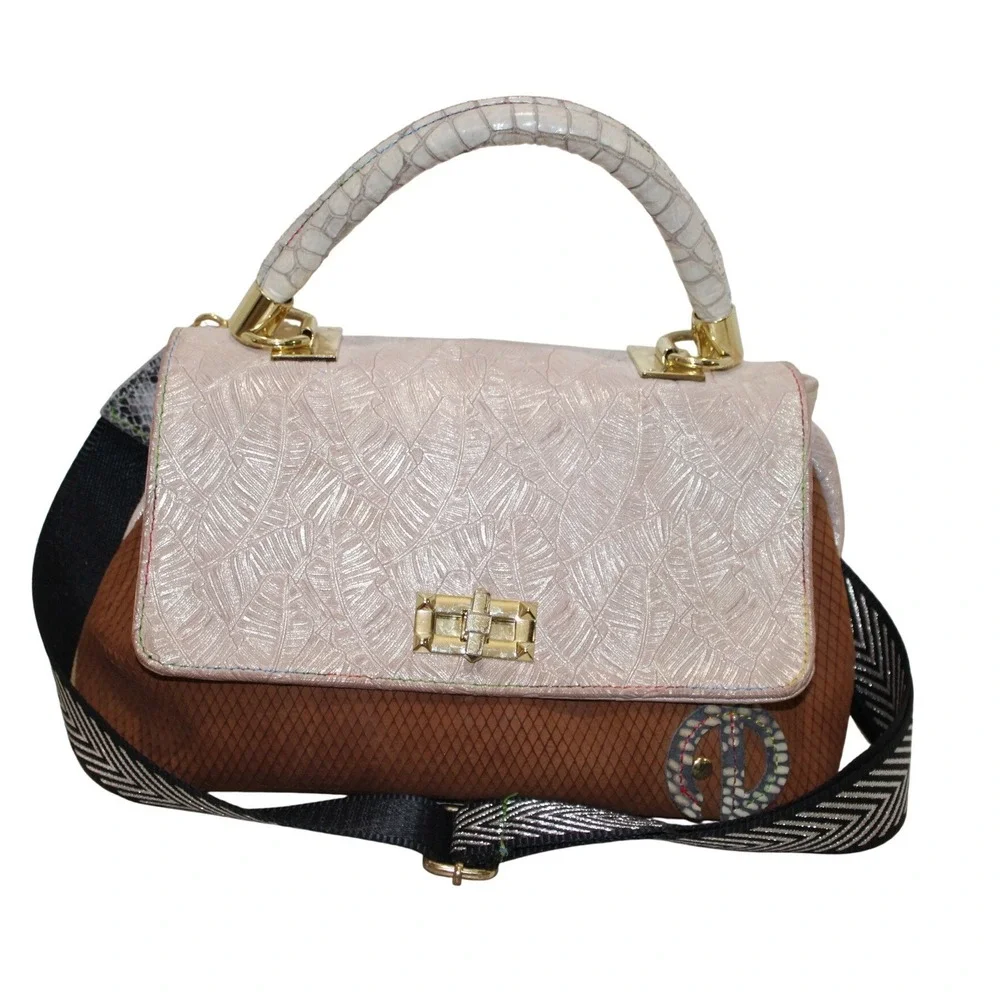 Dbarrito Leather Suede Satchel Bag Medium Tan Pink Mixed Texture Made in Italy